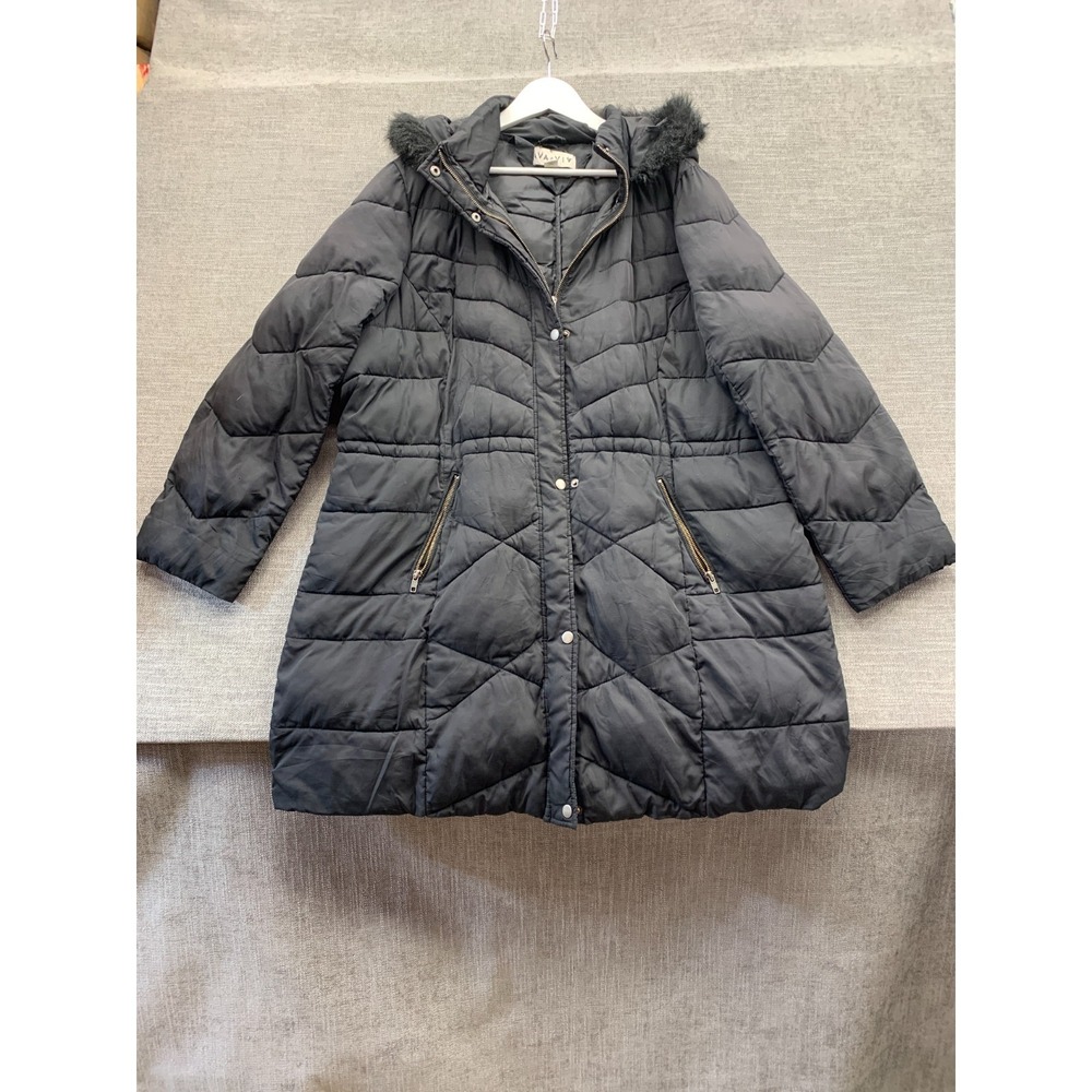Ava & Viv Puffer Jacket Womens 2X Gray Quilted Hooded Faux Fur Trim Zip Front